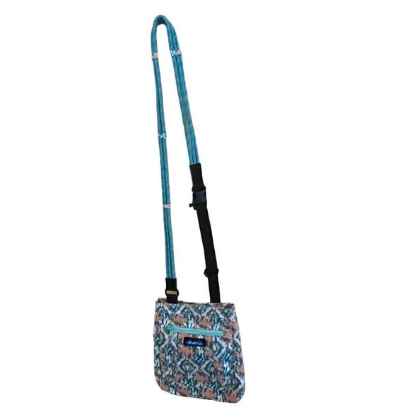 Kavu Shoulder crossbody purse. Teal rope handle. multi color ikat print!gorgeous - Picture 8 of 11